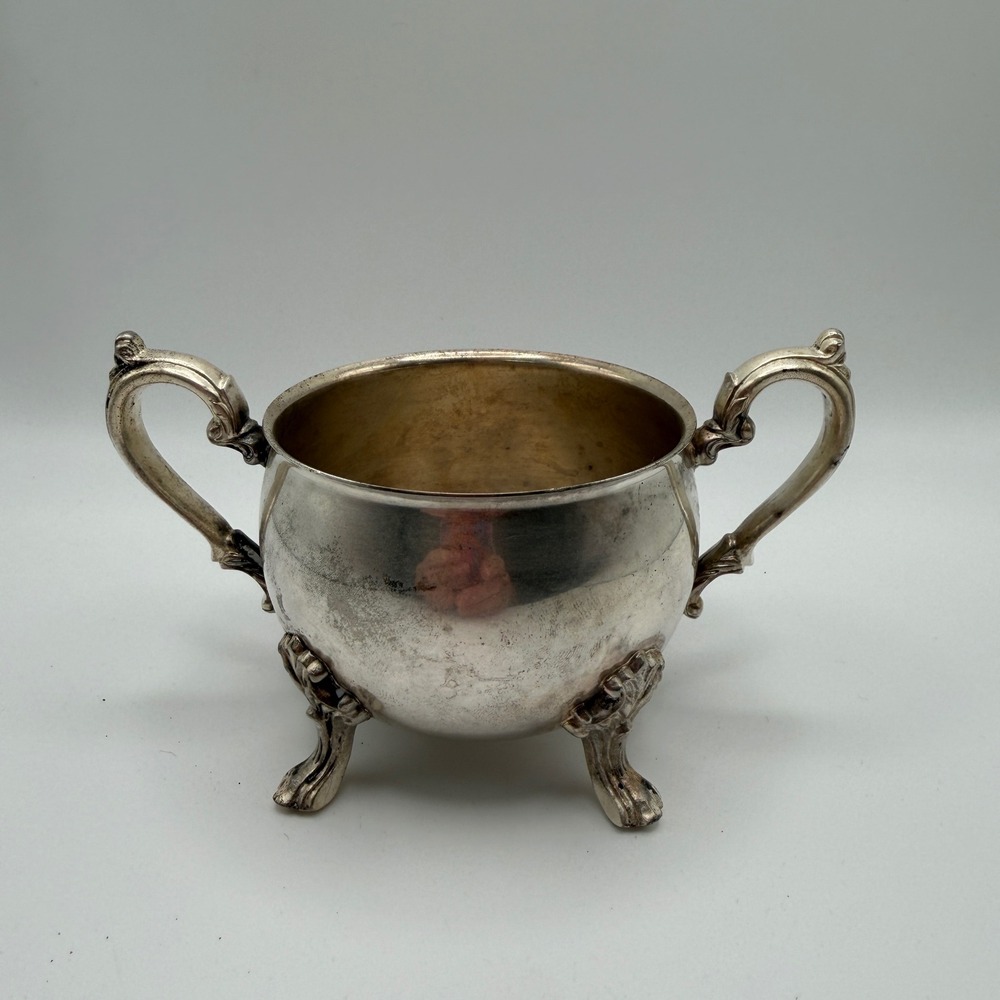 Vintage Silverplate‎ Sugar Bowl Ornate Lion Paw Feet Double Handle Tarnished